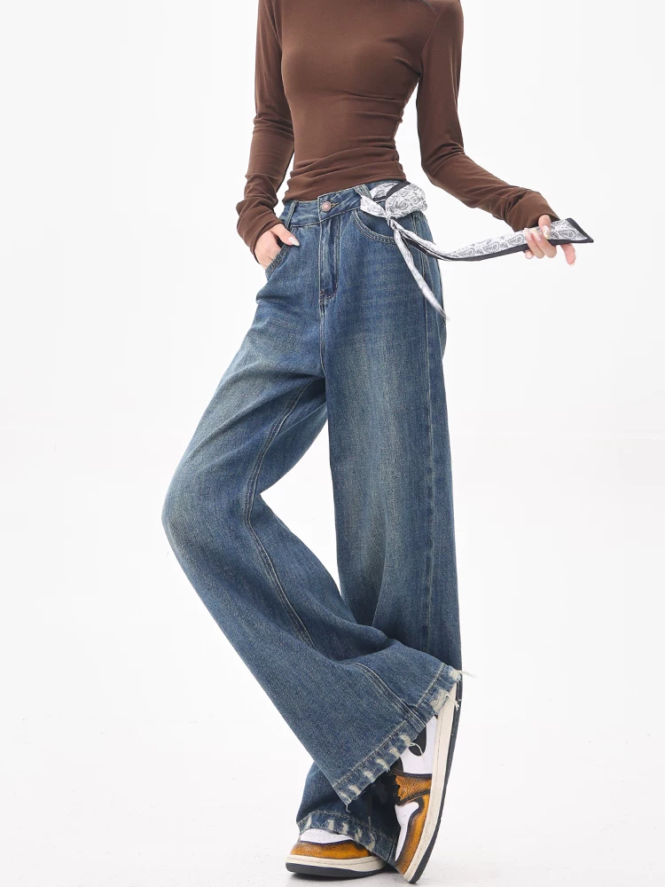 Quần jean lụa thiết kế cổ điển của KEN STUDIO dành cho nữ, quần ống rộng cạp cao mới được giặt mùa hè