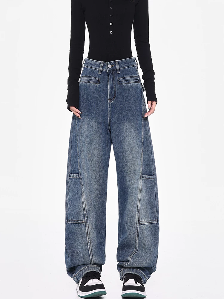 Quần jean công sở cổ điển KEN STUDIO dành cho nữ, quần ống rộng lót lông cừu mùa thu đông, quần hình lưỡi liềm, quần chuối, quần dài đến sàn