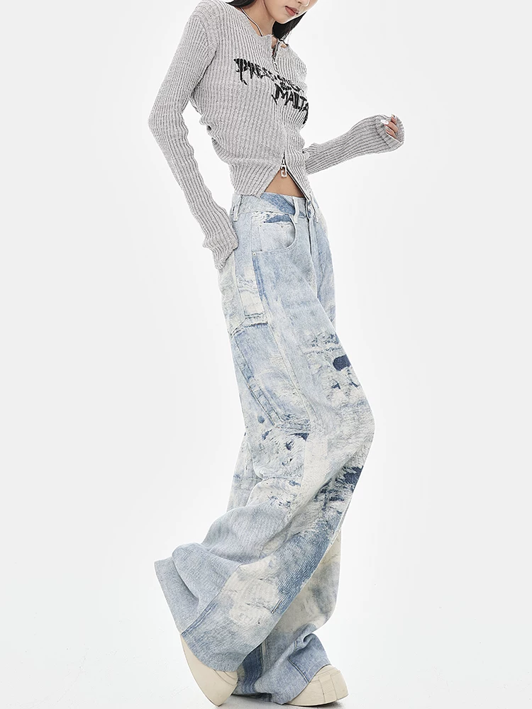 Quần jean ống rộng lưng cao thiết kế nhuộm màu tie-dye phong cách đường phố Mỹ, lót lông cừu, mùa thu đông, thương hiệu KEN STUDIO dành cho nữ