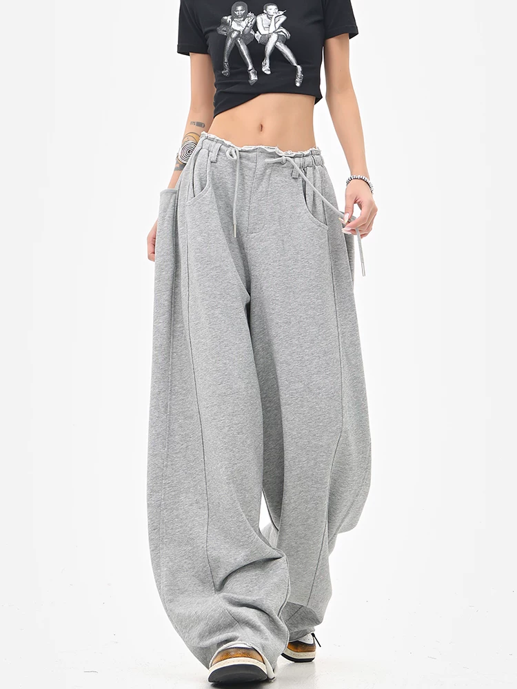 KEN STUDIO Quần thể thao dây rút màu xám phong cách Mỹ Quần dài lưng cao dáng rộng dáng rộng dành cho nữ