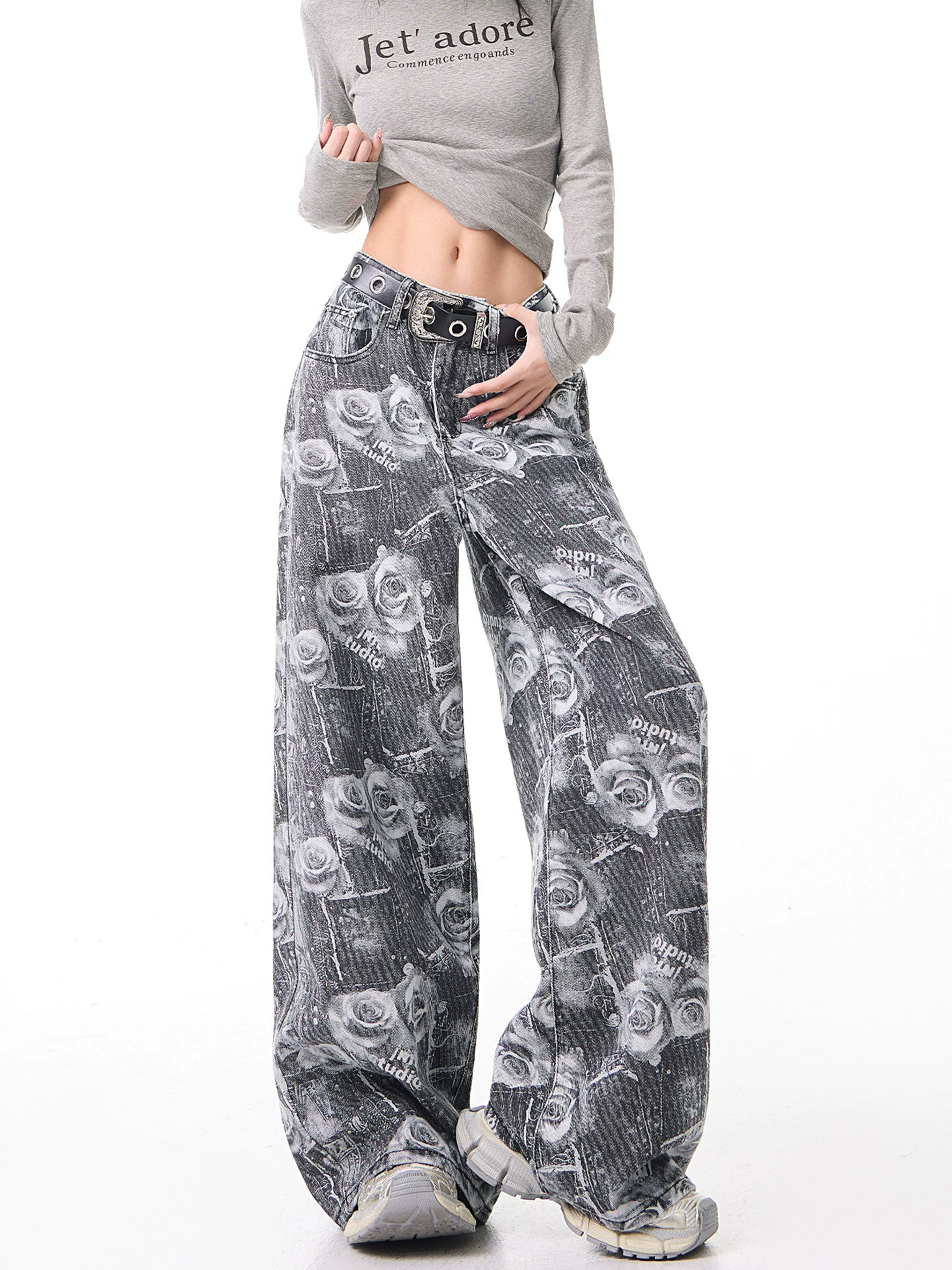 KEN STUDIO thiết kế cổ điển quần jean in hoa hồng dành cho nữ mùa xuân thu quần ống rộng lưng cao mới