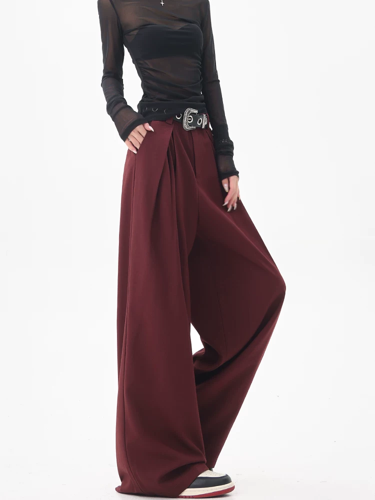 Quần tây ống rộng xếp ly cao cấp màu đỏ tía của KEN STUDIO dành cho nữ, quần âu dáng rộng lưng cao mùa hè mới