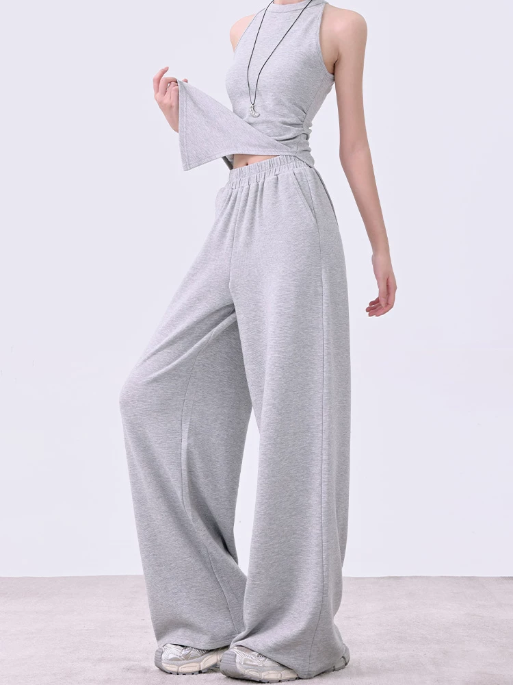 KEN STUDIO Bộ vest màu xám thanh lịch phong cách Hàn Quốc dành cho nữ, áo ba lỗ ôm sát, quần ống rộng dáng rộng, quần thể thao