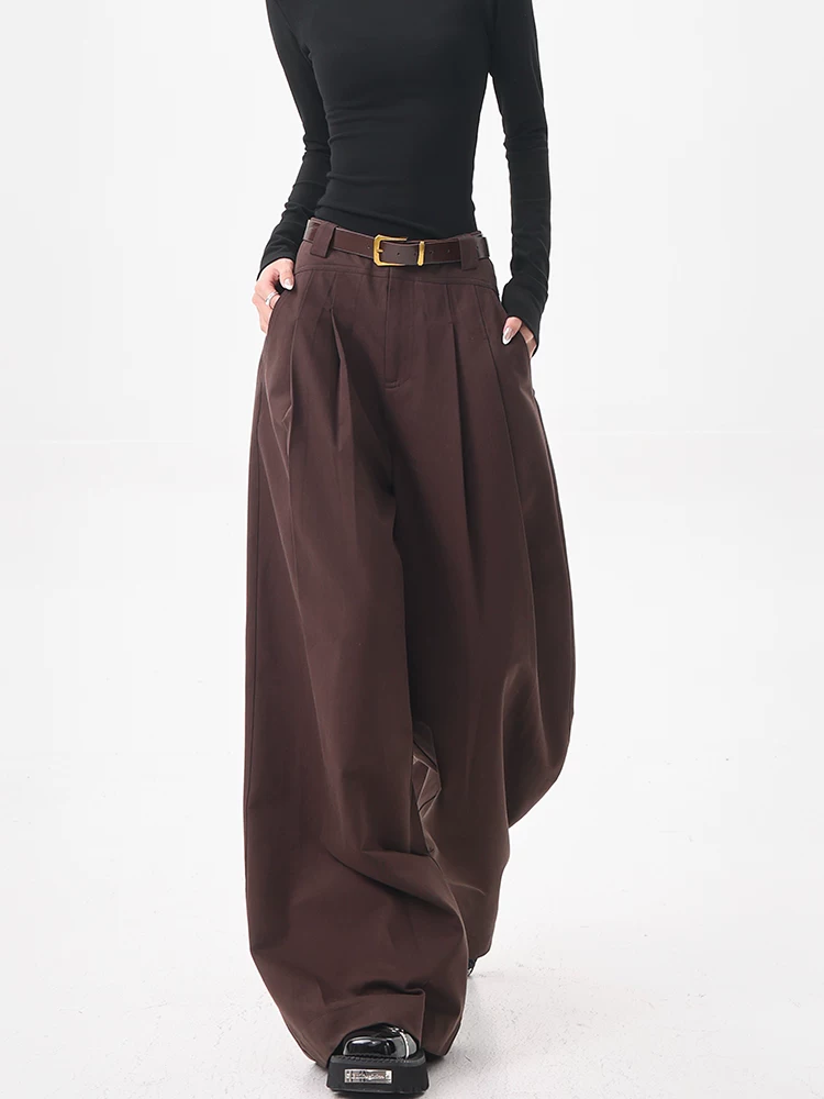 KEN STUDIO Quần tây ống rộng màu nâu Melard mùa hè và mùa thu mới dành cho nữ, quần cạp cao, dáng rộng và xếp nếp, quần thường ngày
