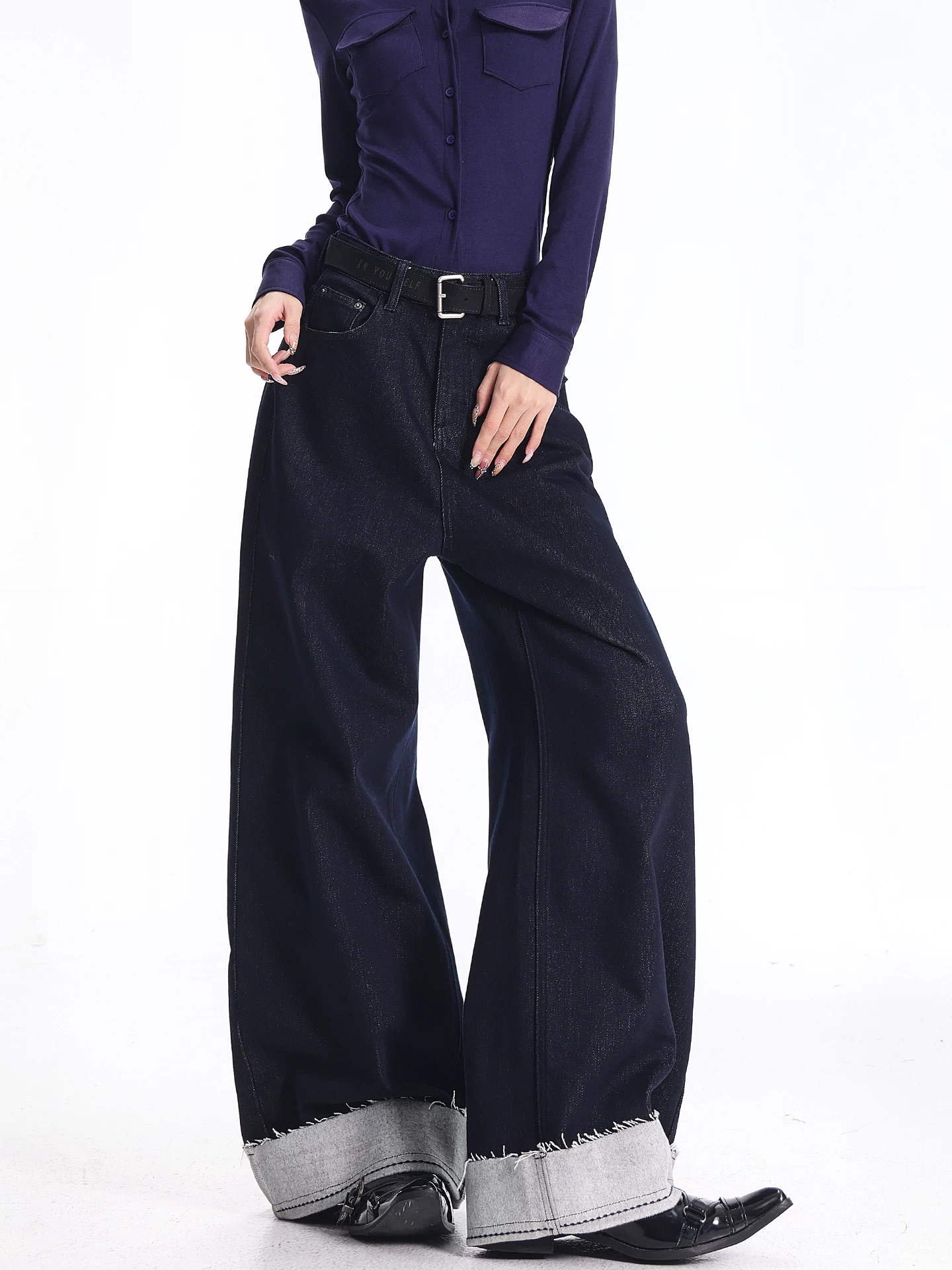 KEN STUDIO quần jean cổ điển có lót lông cừu phong cách mới mùa thu đông dành cho nữ, quần ống rộng lưng cao dáng thẳng