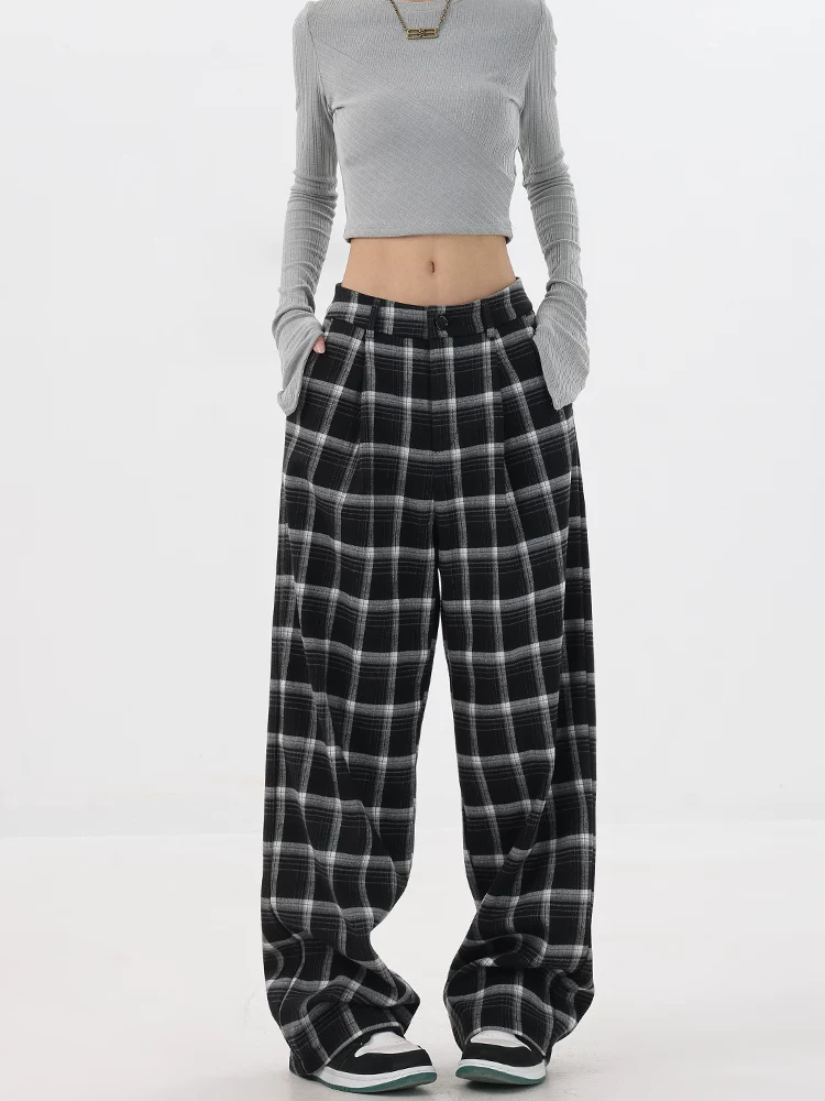 KEN STUDIO quần kẻ sọc cổ điển dày dặn lót lông cừu mùa thu đông dành cho nữ, quần ống đứng dáng rộng ấm áp, giản dị