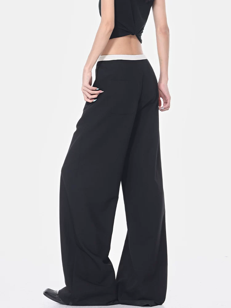 KEN STUDIO Quần tây ống đứng có dây rút màu đen mùa hè mới dành cho nữ với thiết kế phối màu, quần ống rộng dáng rộng