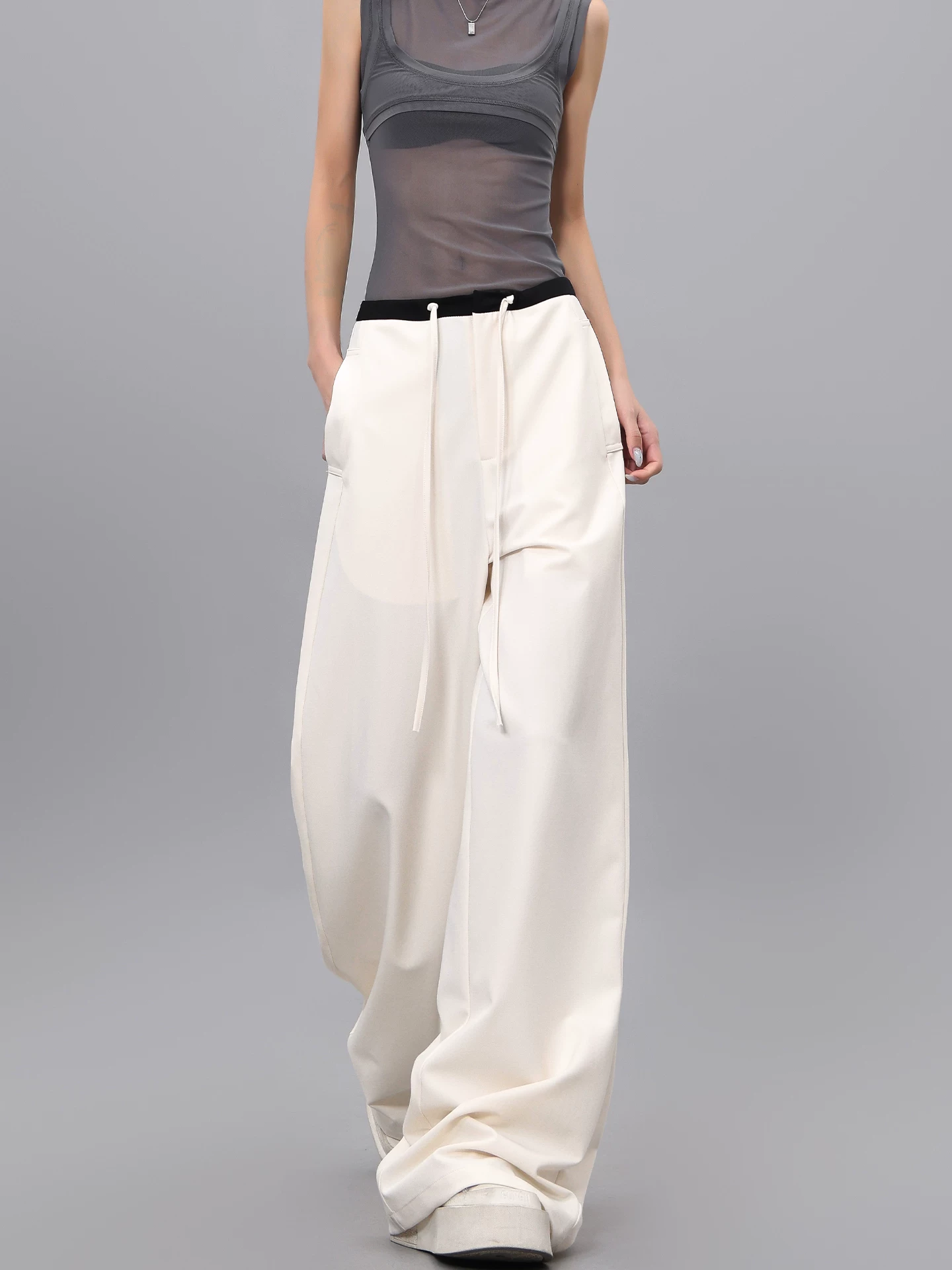 Quần dài dây rút phối màu KEN STUDIO dành cho nữ, phong cách mùa hè mới, đa năng, dáng rộng, dáng rộng, quần ống rộng