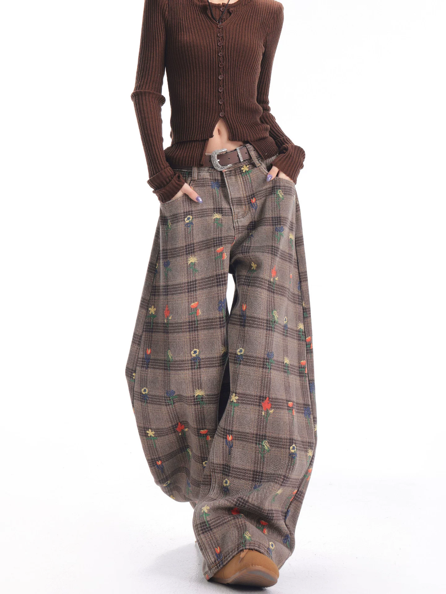 KEN STUDIO quần jean in họa tiết kẻ sọc màu cà phê mới mùa thu đông dành cho nữ, quần ống rộng lót lông dày kiểu cổ điển.