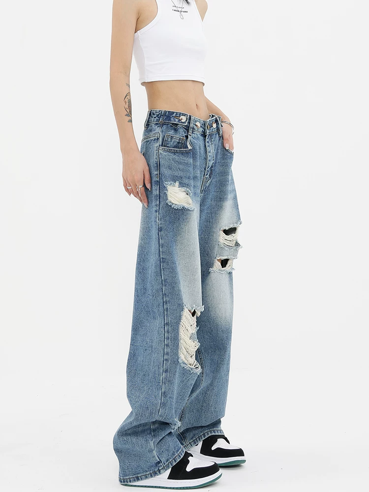 KEN STUDIO thiết kế theo phong cách mùa xuân hè quần jean rách màu gradient quần ống rộng dài đến sàn dành cho nữ