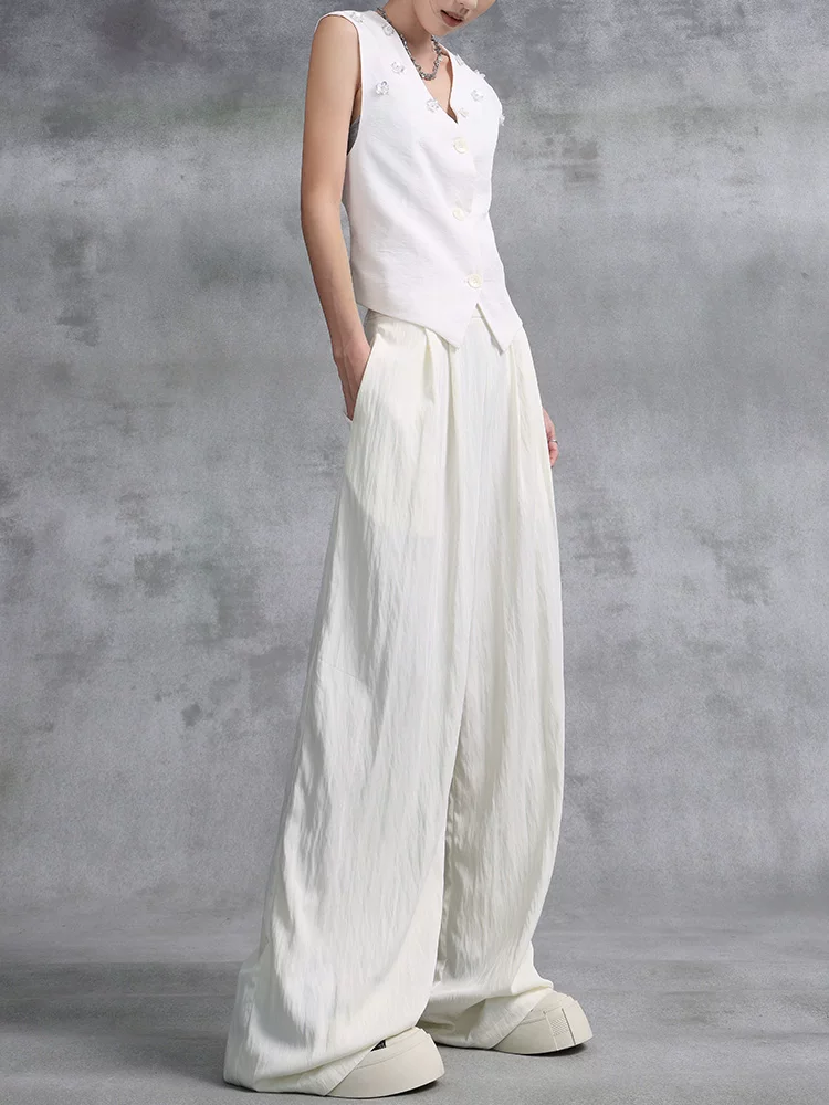 KEN STUDIO mùa hè mới quần mỏng đa năng xếp ly có họa tiết thẳng quần thường ngày dành cho nữ quần ống rộng dáng rộng