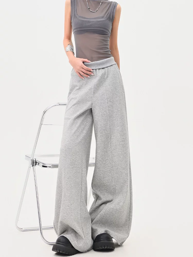 KEN STUDIO Quần thể thao màu xám phong cách Mỹ dành cho nữ, quần thể thao ống đứng cạp cao mới, quần ống rộng cho mùa hè và mùa thu.