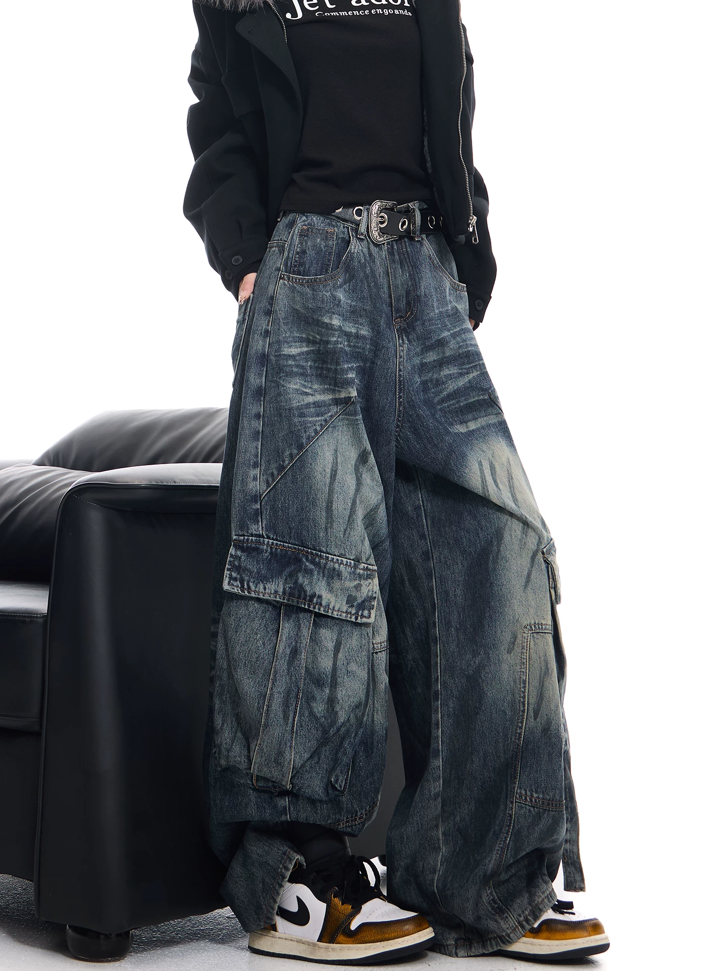 KEN STUDIO Xuân Thu Mới Vintage Quần Jean Workwear Giặt Nước Cứng Cáp Dáng Rộng Quần Suông Dáng Kiếm Cho Nữ