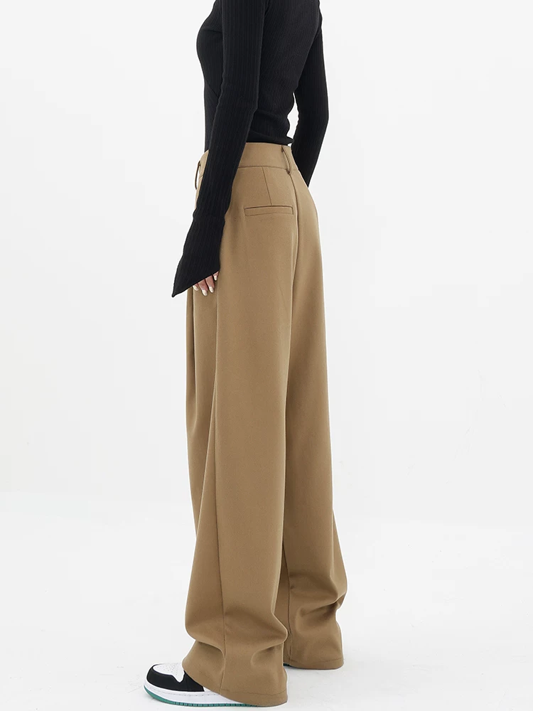 KEN STUDIO quần tây ống đứng màu kaki dày dặn mùa thu đông dành cho nữ, quần ống đứng drapey, quần thường ngày, quần công sở.