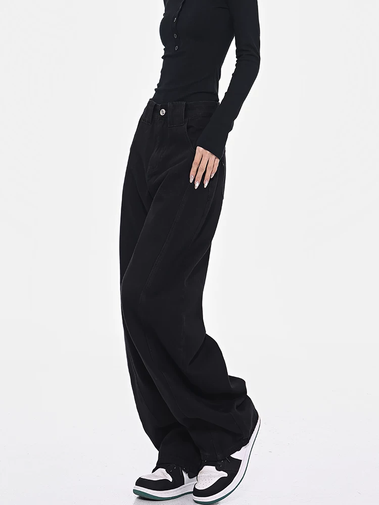KEN STUDIO Quần kiểu retro Mỹ màu đen kiểu sickle quần chuối quần jeans nữ dáng rộng ống rộng kiểu scimitar