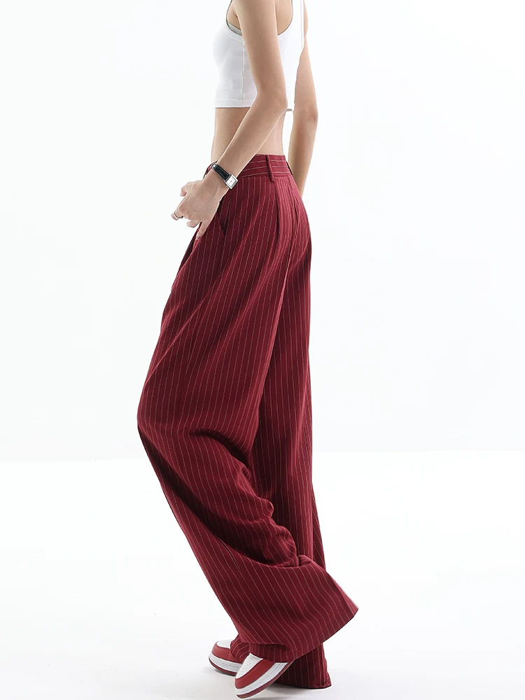 KEN STUDIO quần dài xếp nếp sọc mới mùa hè dành cho nữ, quần ống rộng thiết kế xếp nếp, quần công sở