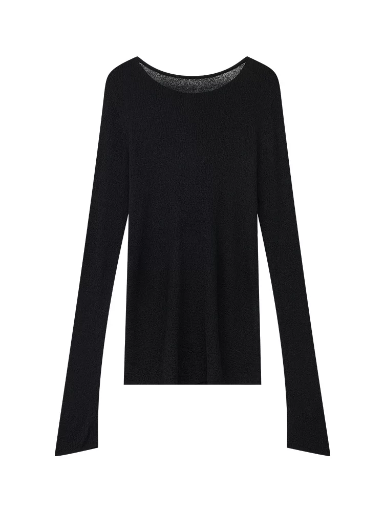 KEN STUDIO Áo thun dài tay cổ tròn màu đen mới mùa xuân thu dành cho nữ, áo dệt kim bên trong vừa vặn