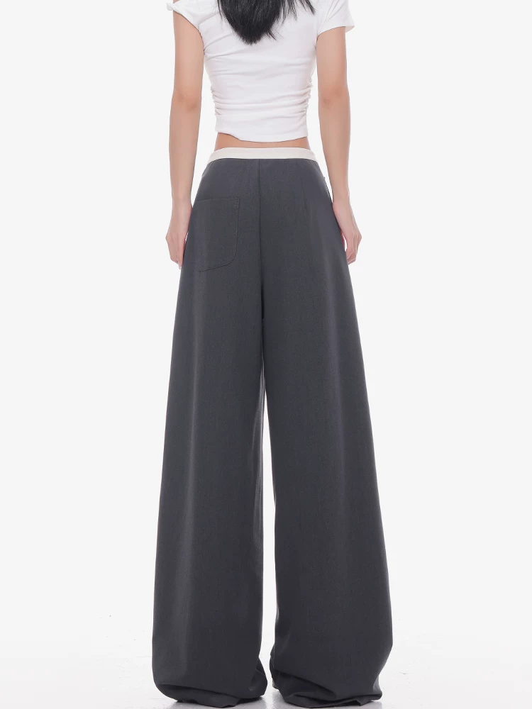 KEN STUDIO phong cách mùa hè mới quần âu ống rộng có dây rút màu xám dành cho nữ với thiết kế phối màu quần ống rộng dáng thẳng