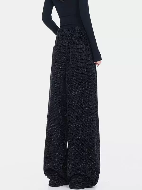 KEN STUDIO quần dài có dây rút lót lông cừu mùa thu đông màu đen dành cho nữ, quần ống rộng dáng rộng giảm béo