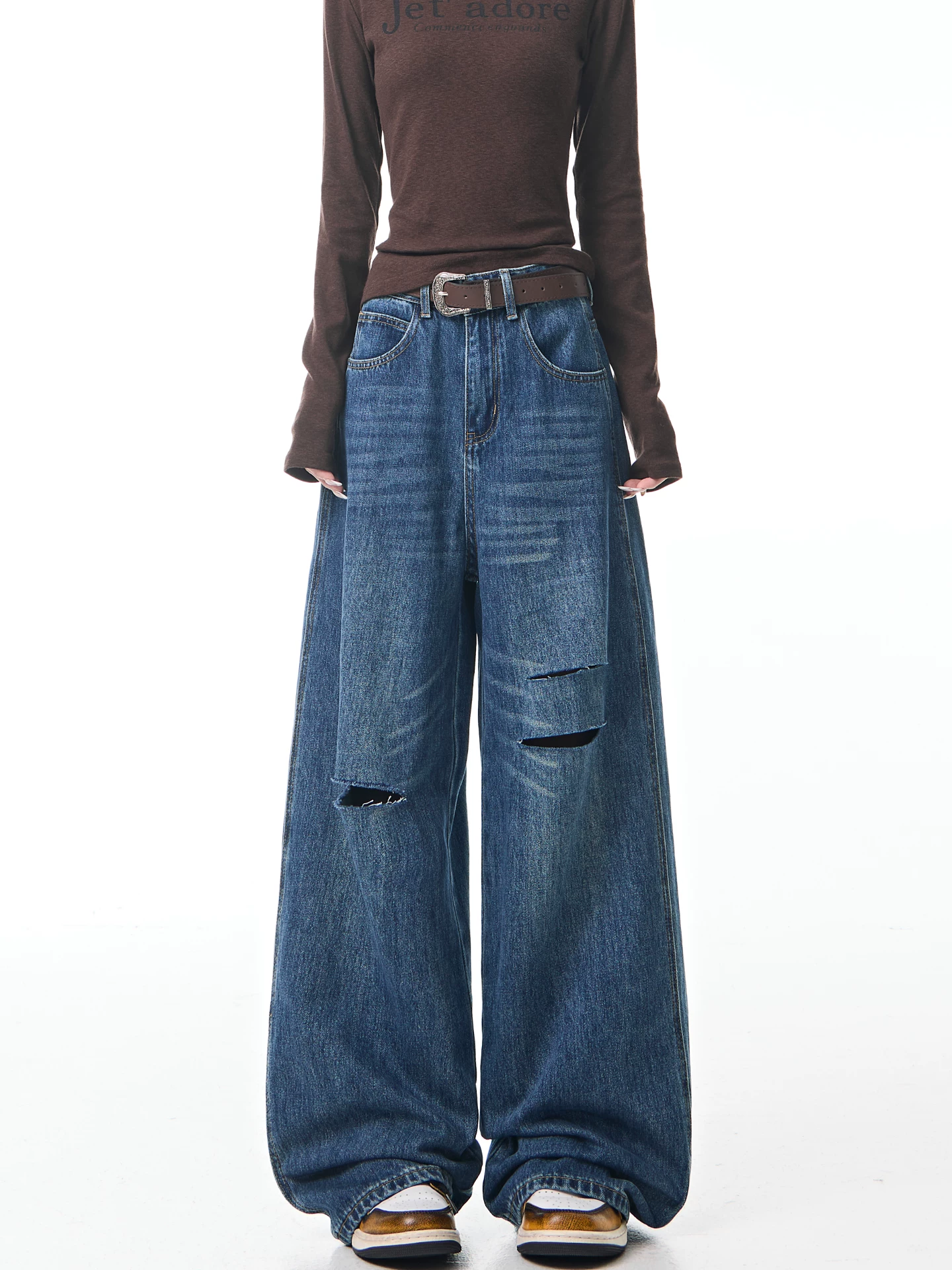 KEN STUDIO Quần jean cũ phong cách cổ điển mùa xuân thu dành cho nữ, quần ống rộng dáng rộng, dáng rộng, màu xước.