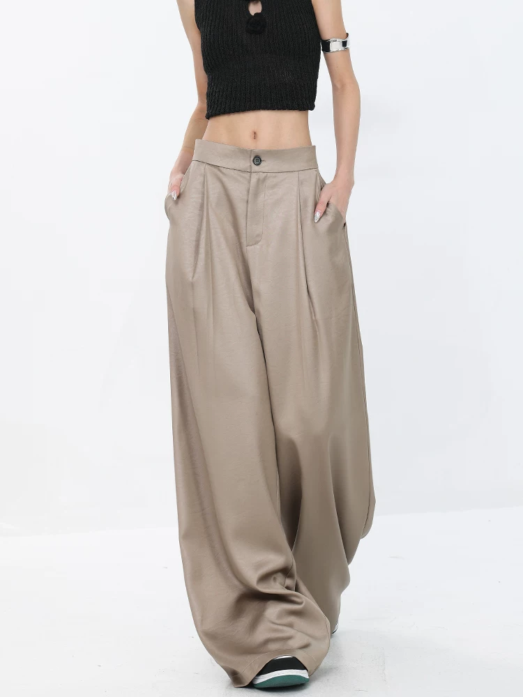 KEN STUDIO quần ống rộng dáng rộng màu sâm panh mới mùa hè dành cho nữ, quần thường ngày đa năng giúp giảm béo