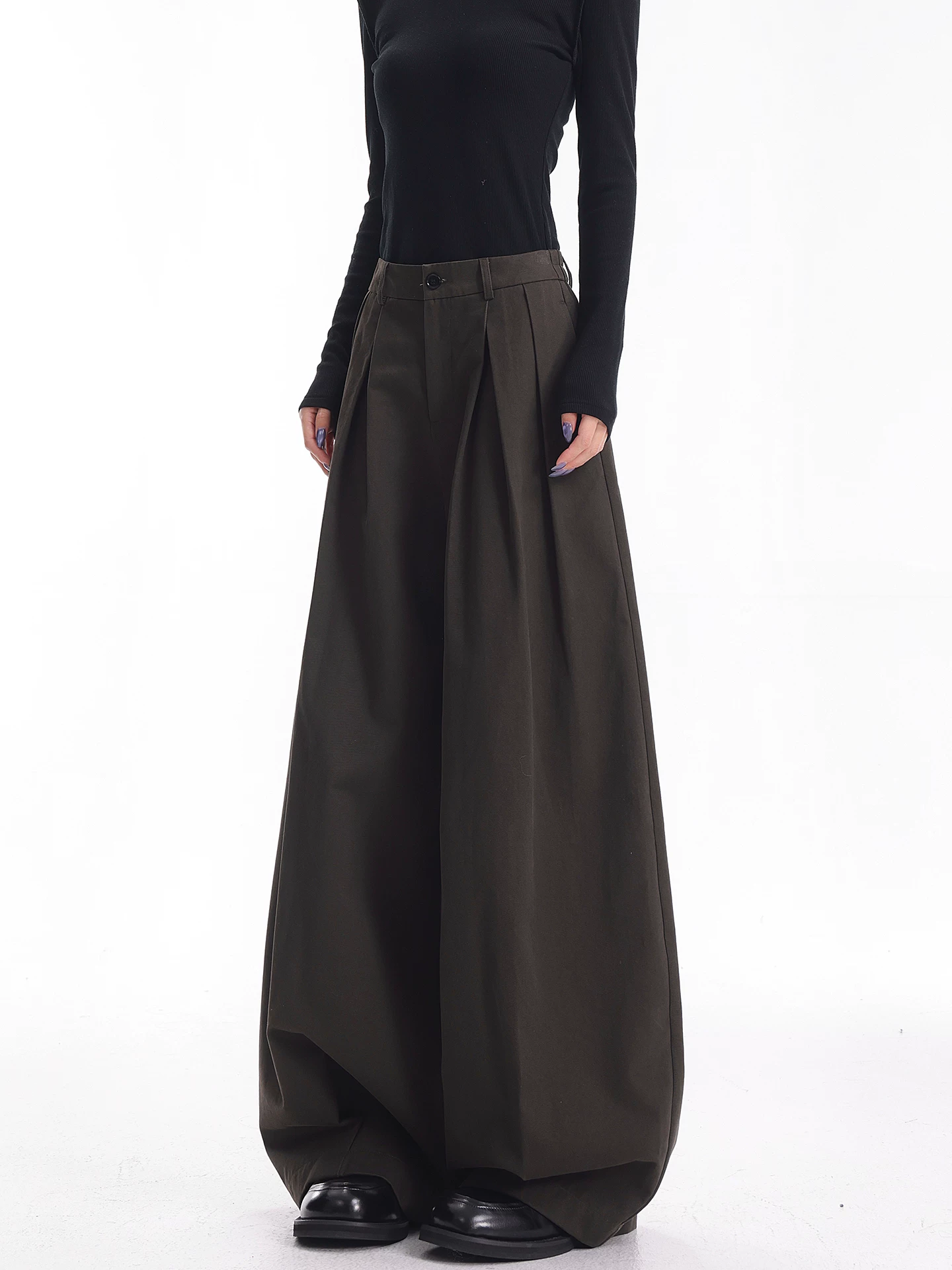 KEN STUDIO Quần tây ống rộng xếp ly màu cà phê mới thu đông dành cho nữ, quần dài dáng rộng, dáng rộng, đa năng, quần dài