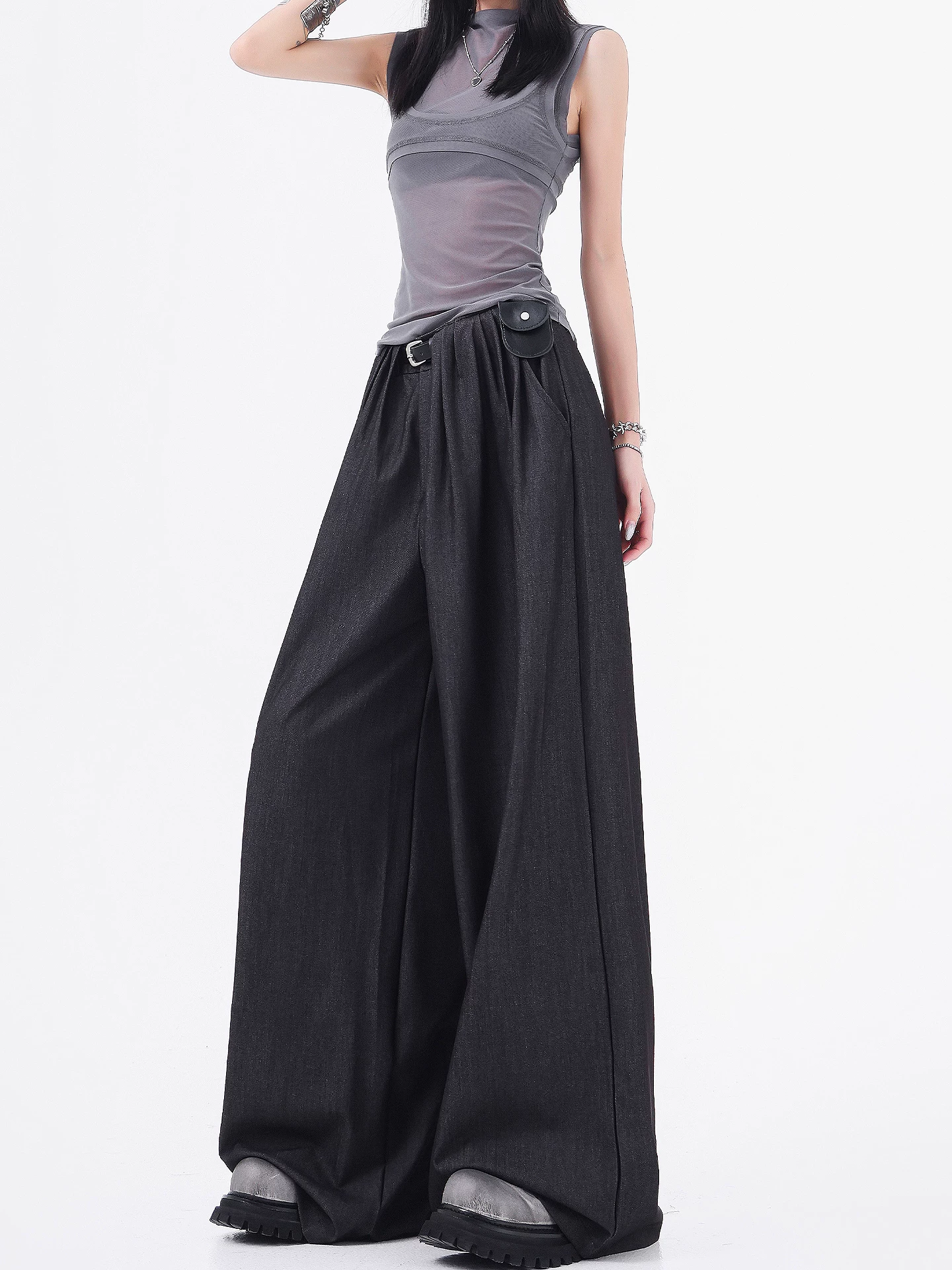 Quần tây ống rộng màu xám cao cấp của KEN STUDIO dành cho nữ, quần tây dáng rộng mỏng mới mùa hè