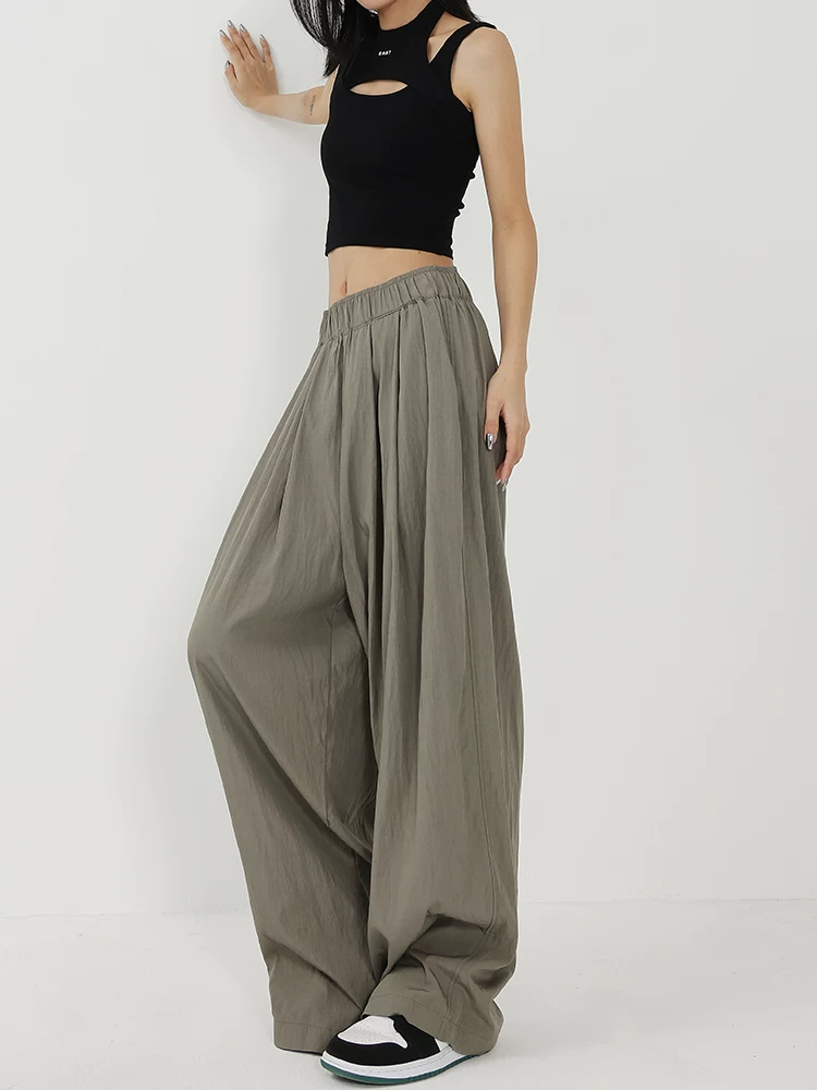 KEN STUDIO quần ống rộng màu xám mới mùa hè dành cho nữ, quần Yamamoto dài xếp ly, dáng rộng, đa năng, dài đến sàn