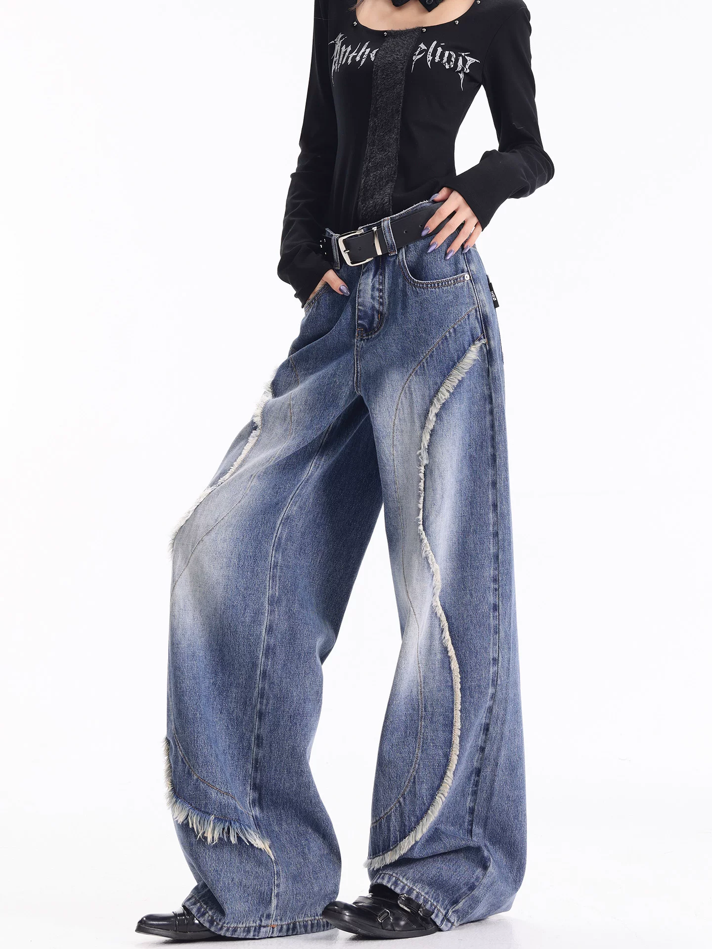 KEN STUDIO quần jean chắp vá viền tua rua cổ điển mới mùa thu đông dành cho nữ, quần cạp cao, dáng rộng, dáng suông, quần ống rộng, dài đến sàn