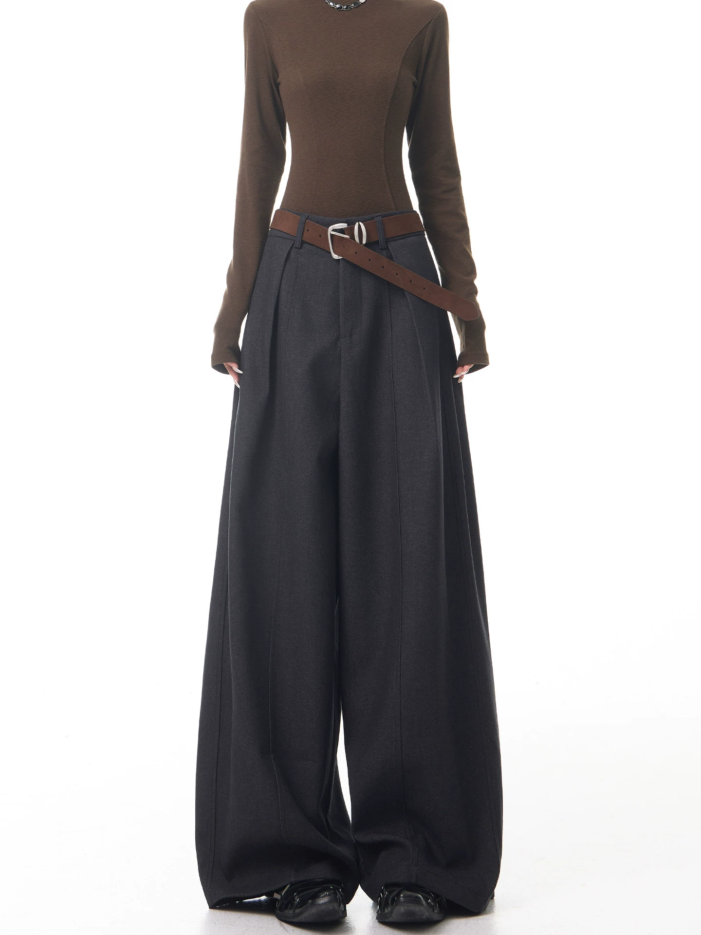 KEN STUDIO Quần tây ống rộng len màu xám thu đông mới dành cho nữ, quần cạp cao, tôn dáng, quần dài xếp nếp