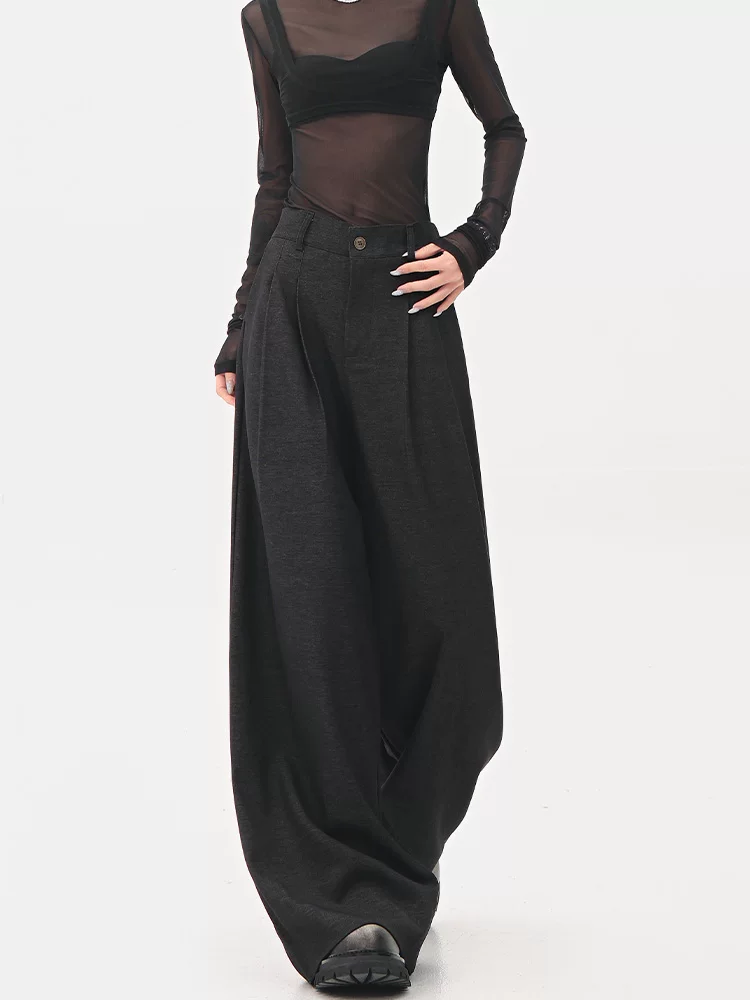 KEN STUDIO quần tây ống rộng màu đen mới mùa hè dành cho nữ, lưng quần bán co giãn, quần ống rộng dài đến sàn, quần tây.