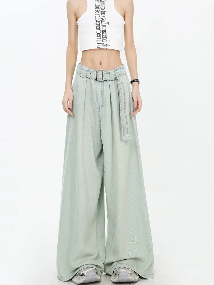 KEN STUDIO mùa hè mới thiết kế cổ điển siêu mỏng quần denim ống rộng dáng rộng dành cho nữ