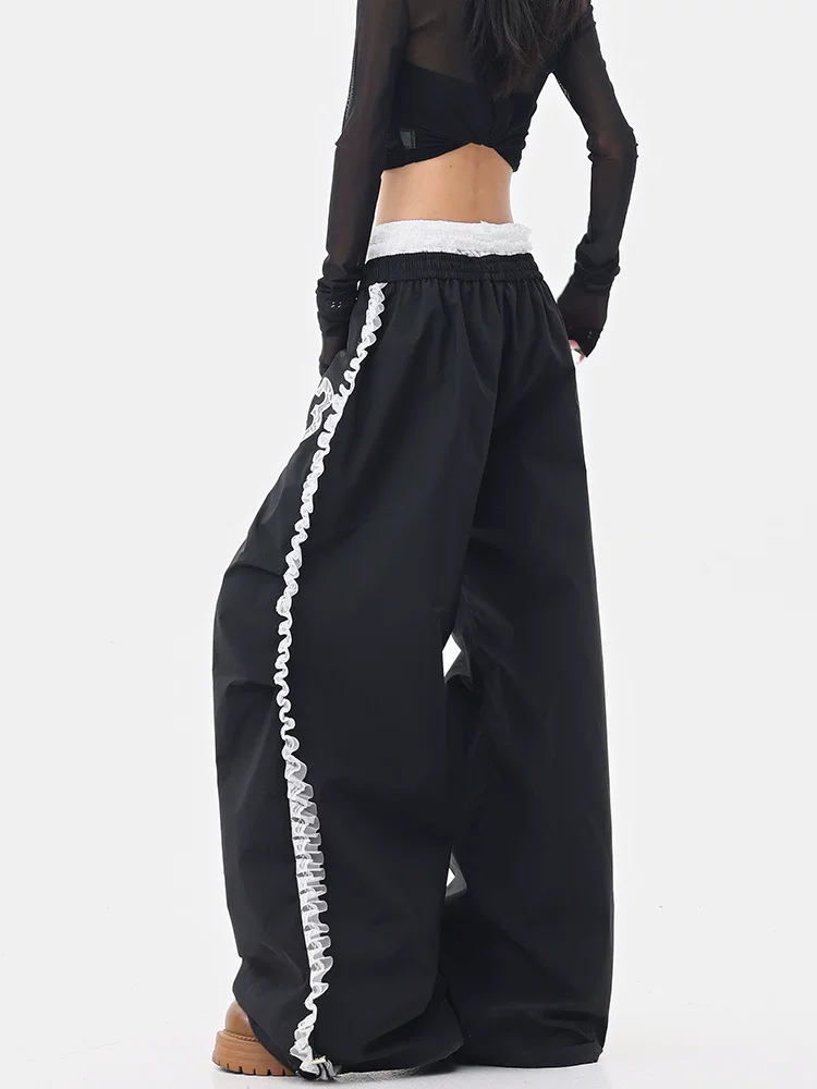 KEN STUDIO nhảy đường phố hợp thời trang thương hiệu ren chắp vá quần âu nữ dáng rộng thẳng lưng thun nhảy jazz quần mùa hè