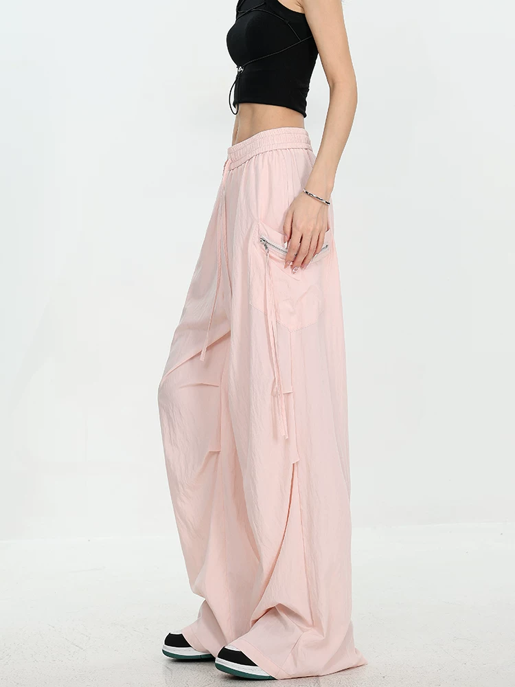 Quần cargo màu hồng thiết kế độc đáo của KEN STUDIO dành cho nữ, quần ống rộng lưng thun mỏng mùa hè.