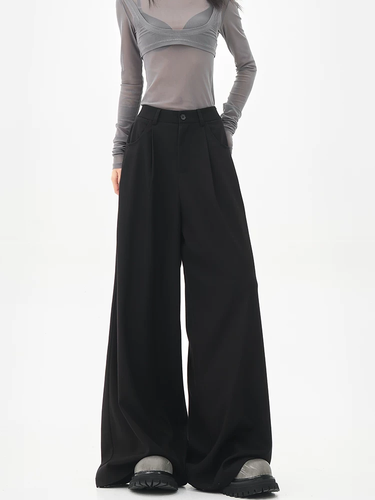 KEN STUDIO Quần tây ống rộng màu đen mùa hè mới dành cho nữ, quần cạp cao, dáng rộng, dáng suông, quần dài xếp tầng