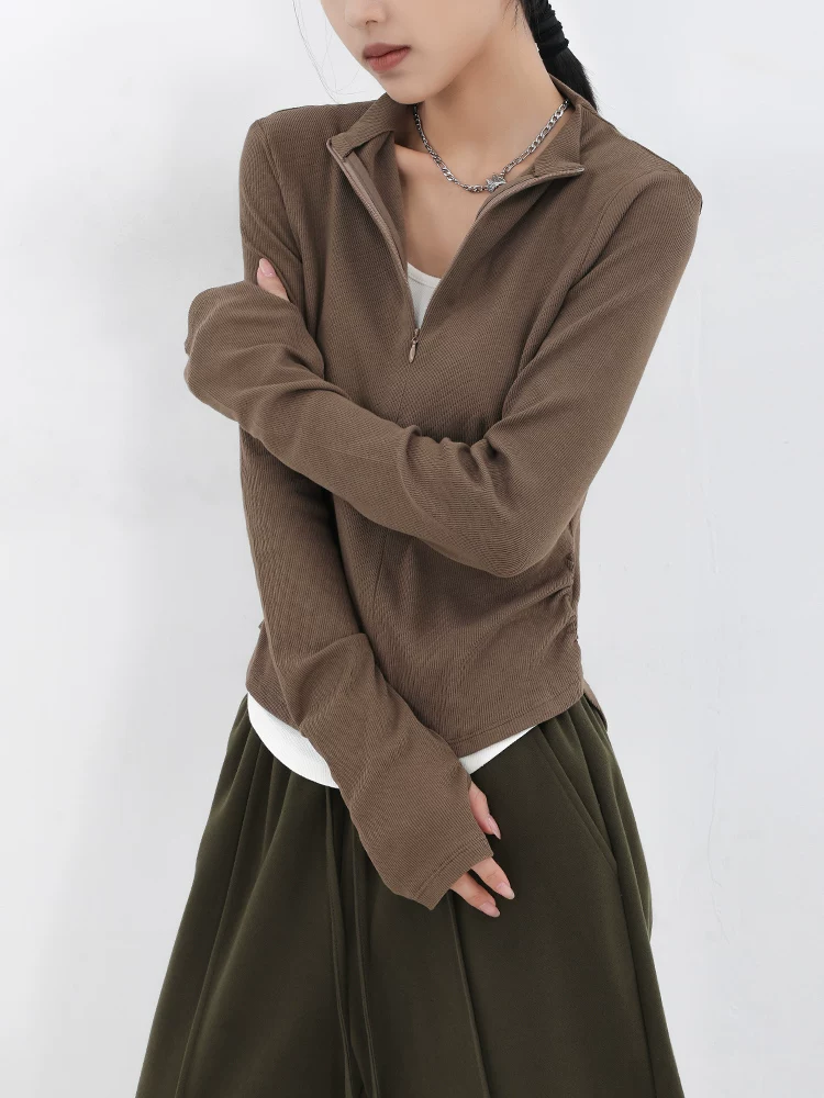 KEN STUDIO Áo thun dài tay dáng ôm màu cà phê mới mùa xuân thu dành cho nữ, áo sơ mi thiết kế dây kéo giả hai mảnh