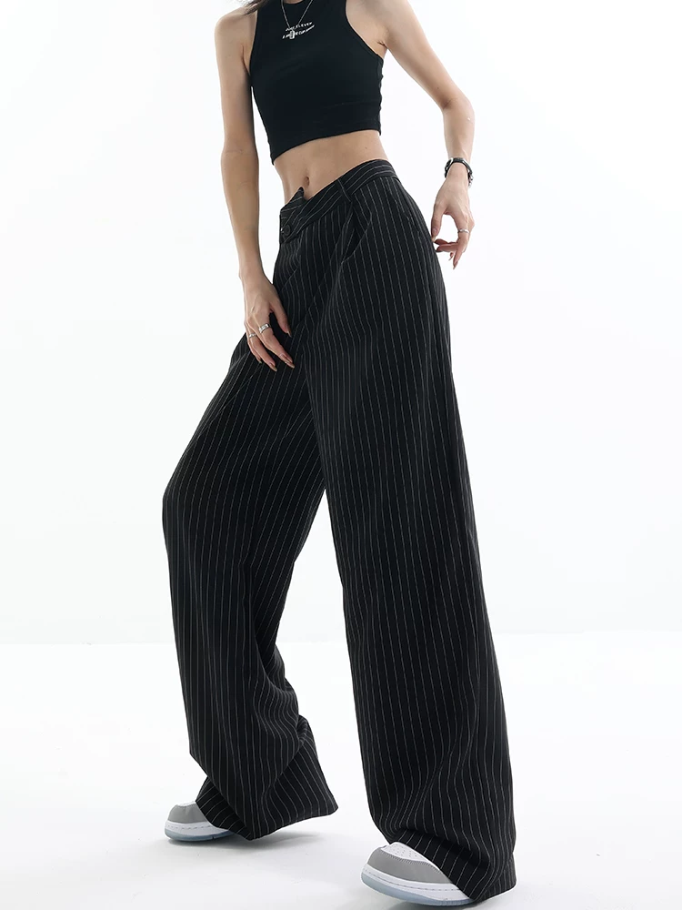 KEN STUDIO Quần dài xếp nếp sọc không đều cho nữ, thiết kế mùa hè mới, quần ống rộng dáng rộng