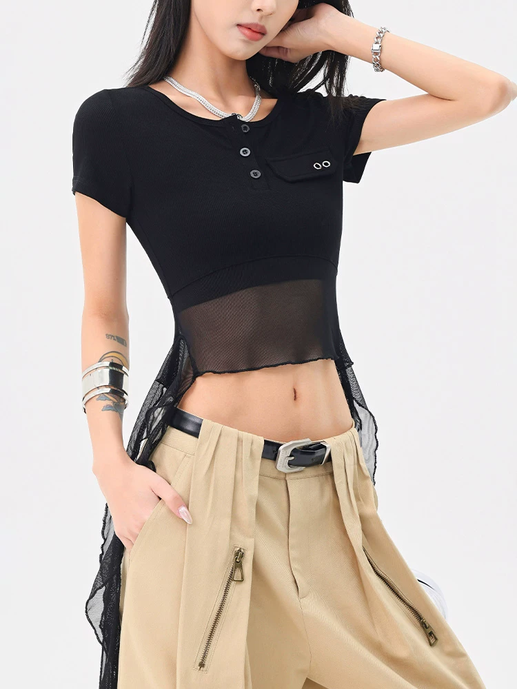 KEN STUDIO Áo thun ngắn tay lưới ruy băng đen phong cách Mỹ dành cho nữ, áo crop top ngắn lưng cao, áo ôm dáng