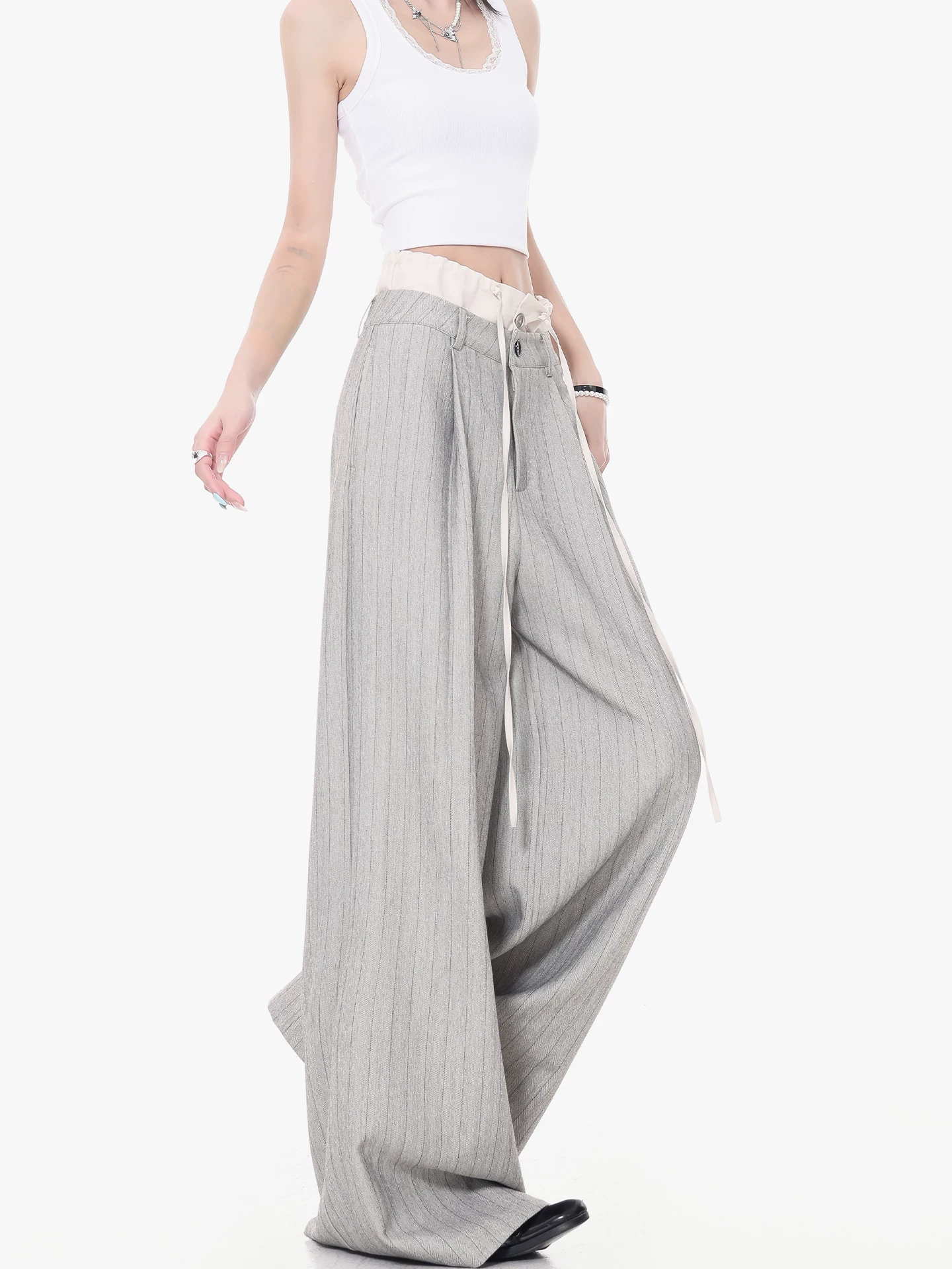 KEN STUDIO Quần tây sọc xám hai eo mới mùa thu dành cho nữ, quần ống rộng cao cấp, quần dài đến sàn