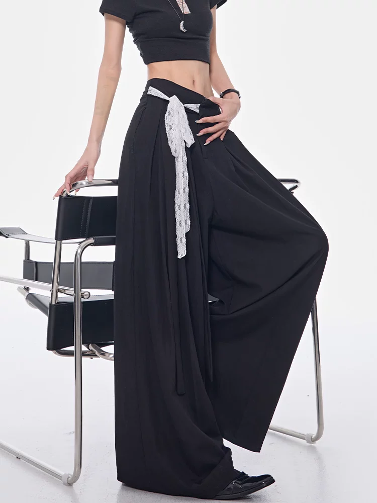 KEN STUDIO quần dài buộc dây chéo màu đen mới mùa xuân hè dành cho nữ, quần ống rộng lưng cao dáng rộng dài đến sàn