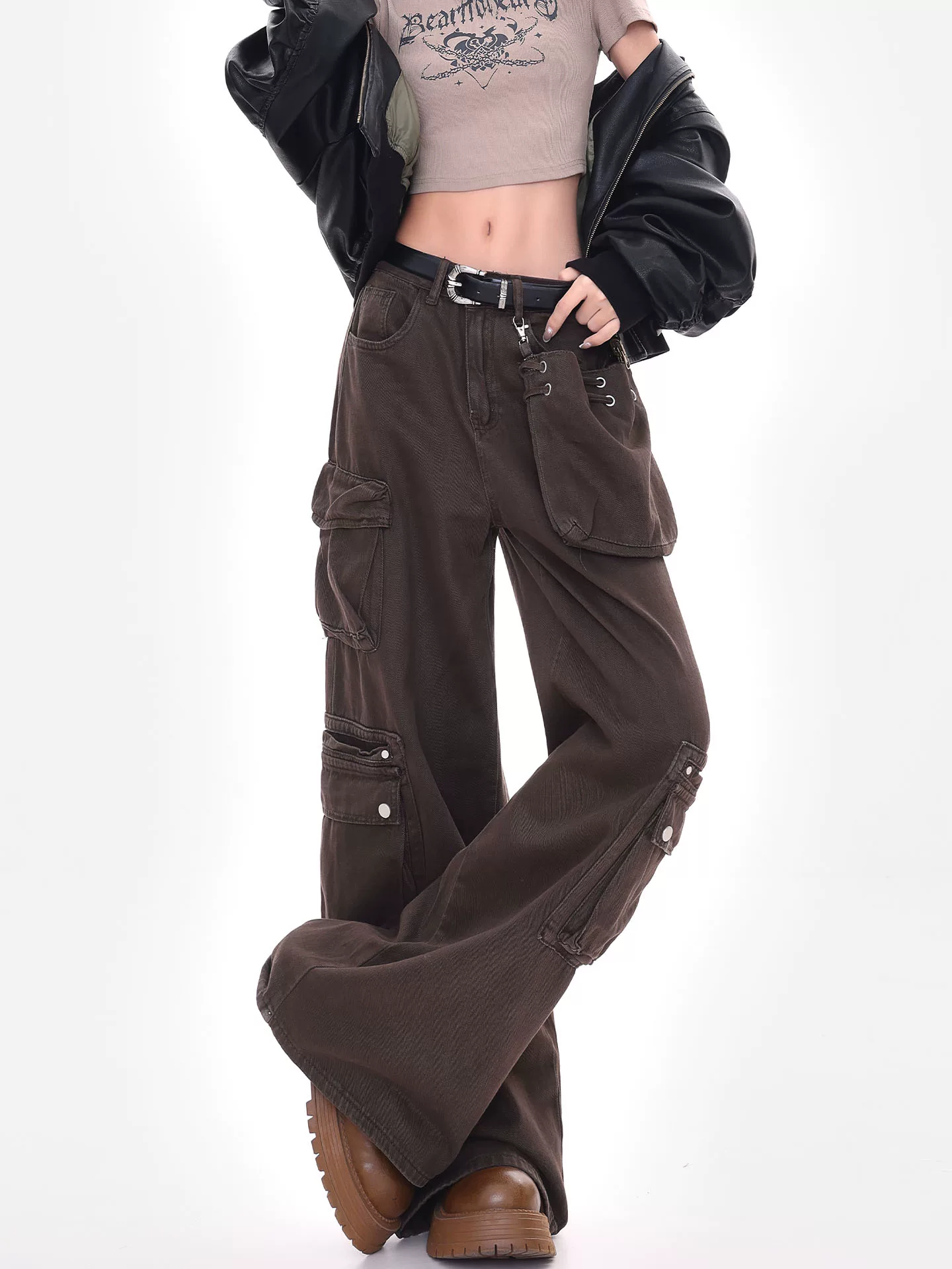 KEN STUDIO quần cargo màu cà phê mới đầu thu dành cho nữ, quần ống rộng thiết kế cổ điển kiểu Mỹ.