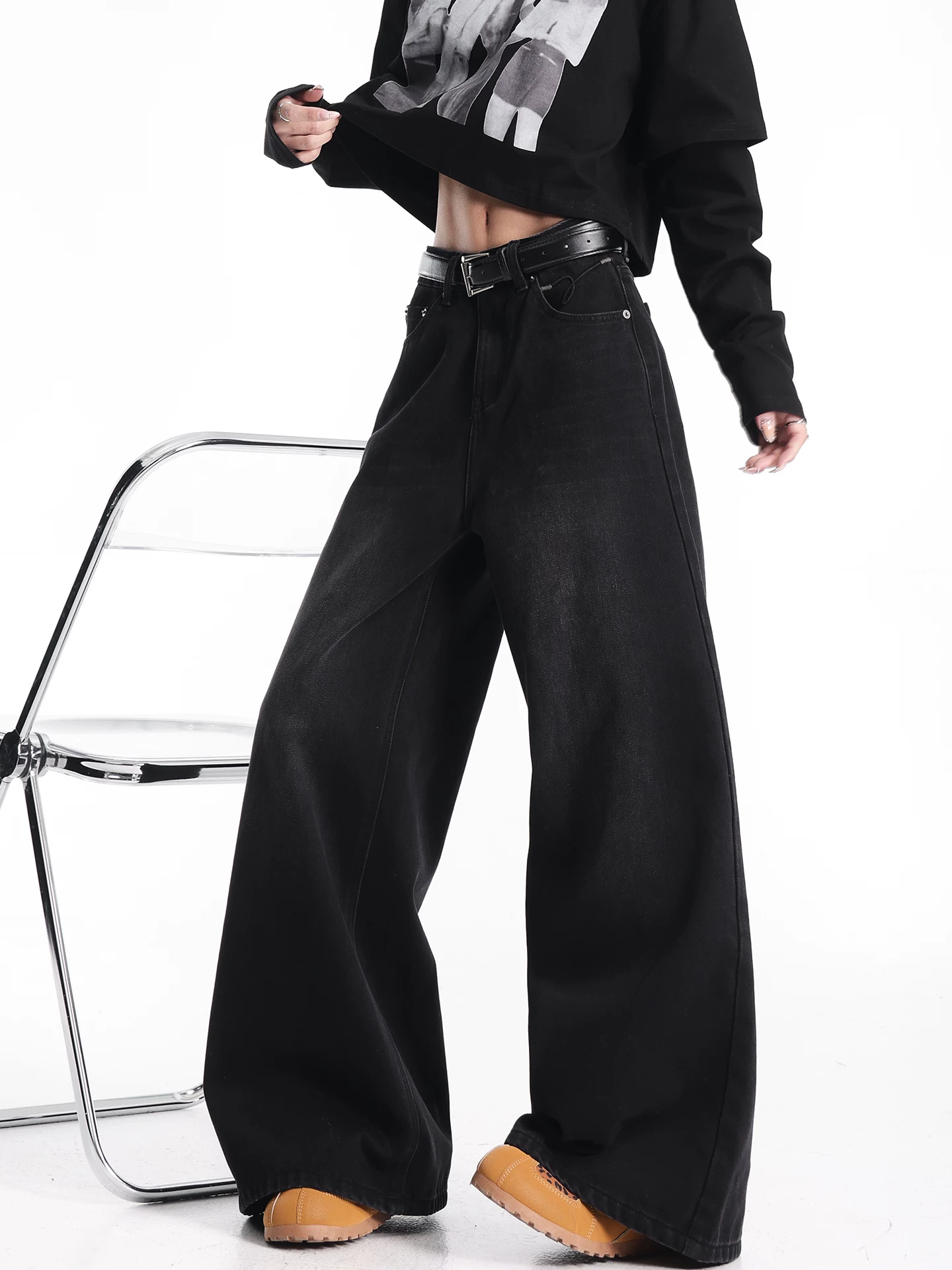 KEN STUDIO quần jean đen lót lông cừu mới mùa thu đông dành cho nữ, quần ống rộng dáng rộng, kiểu dáng cổ điển, giặt mài.