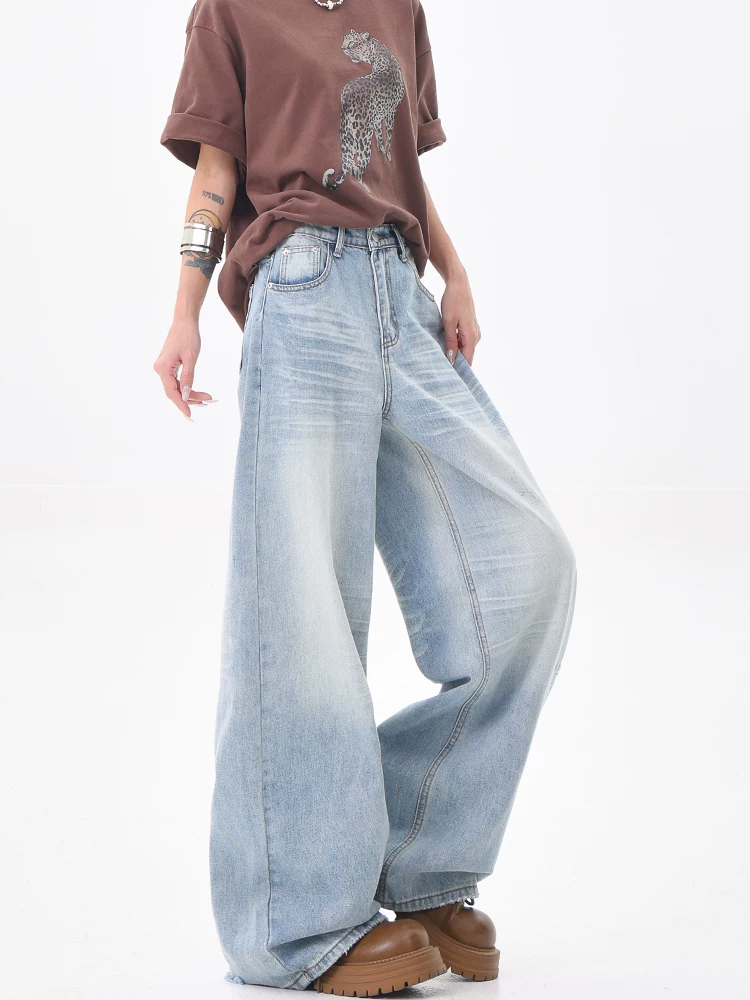 KEN STUDIO Quần jean ống thẳng màu xanh cổ điển của Mỹ dành cho nữ, quần ống rộng cạp cao giảm béo mùa hè mới