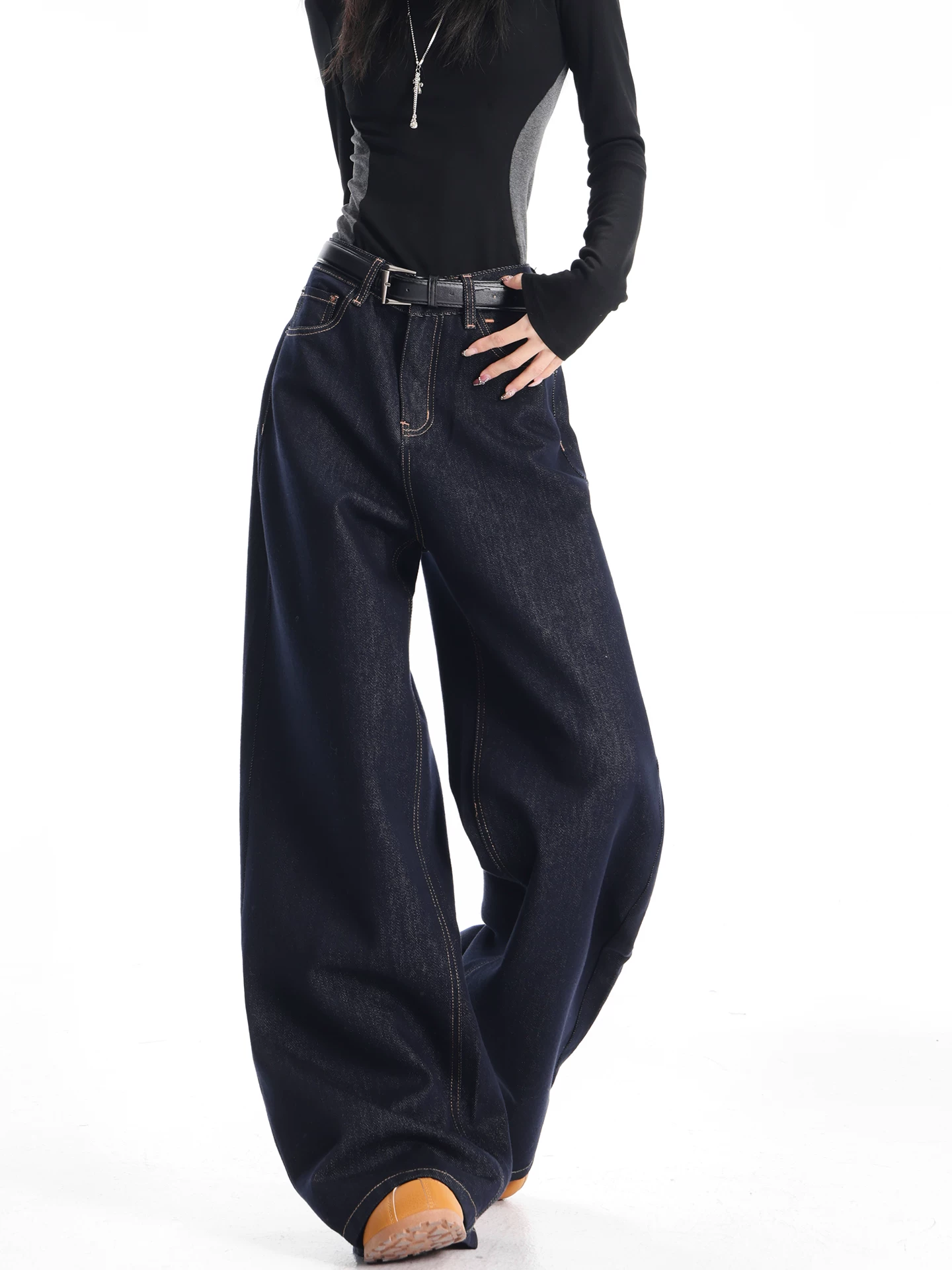 KEN STUDIO quần jean ống rộng màu xanh đậm có lót lông cừu mùa thu đông dành cho nữ quần dài ống rộng lưng cao dáng rộng