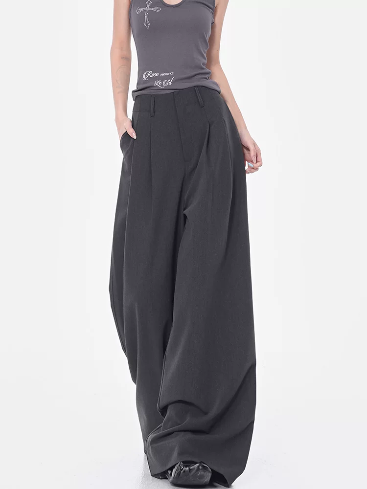 KEN STUDIO mùa hè phong cách mới quần tây xếp ly mỏng màu xám dành cho nữ quần tây xếp ly lưng cao dáng rộng quần ống rộng