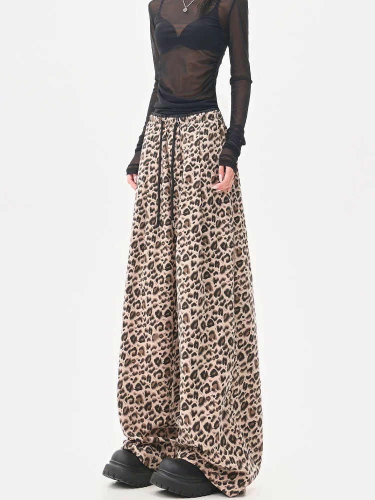 KEN STUDIO Quần âu in họa tiết da báo phong cách đường phố Mỹ dành cho nữ, quần ống rộng lưng cao có dây rút mùa hè mới