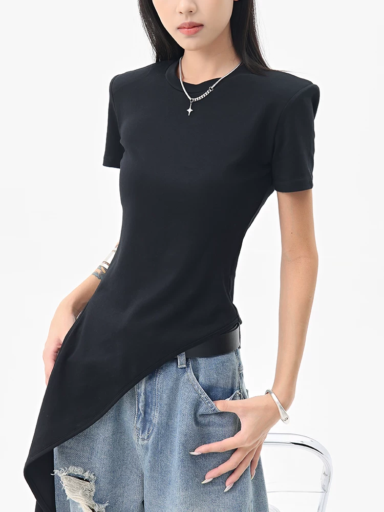 Áo thun ngắn tay xẻ tà bất đối xứng màu đen của KEN STUDIO dành cho nữ, thiết kế mùa hè, áo ôm vừa vặn