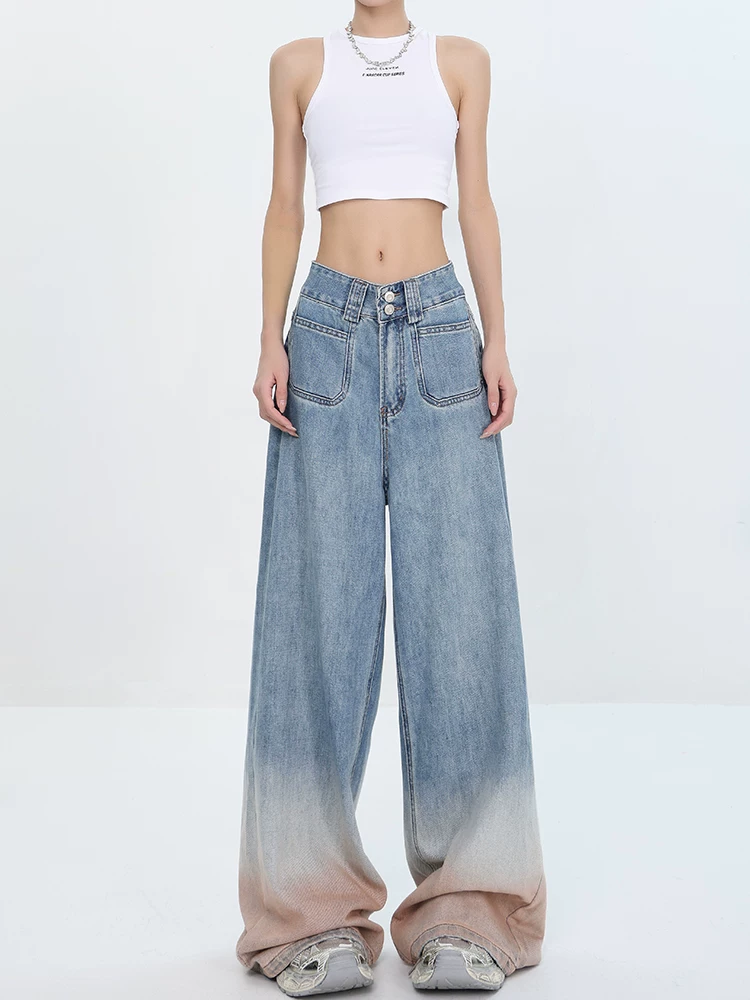 KEN STUDIO Xuân Thu Phong cách Mỹ mới Hot Girl Thiết kế chuyển màu Quần jean thẳng Quần ống rộng đa năng Quần ống rộng