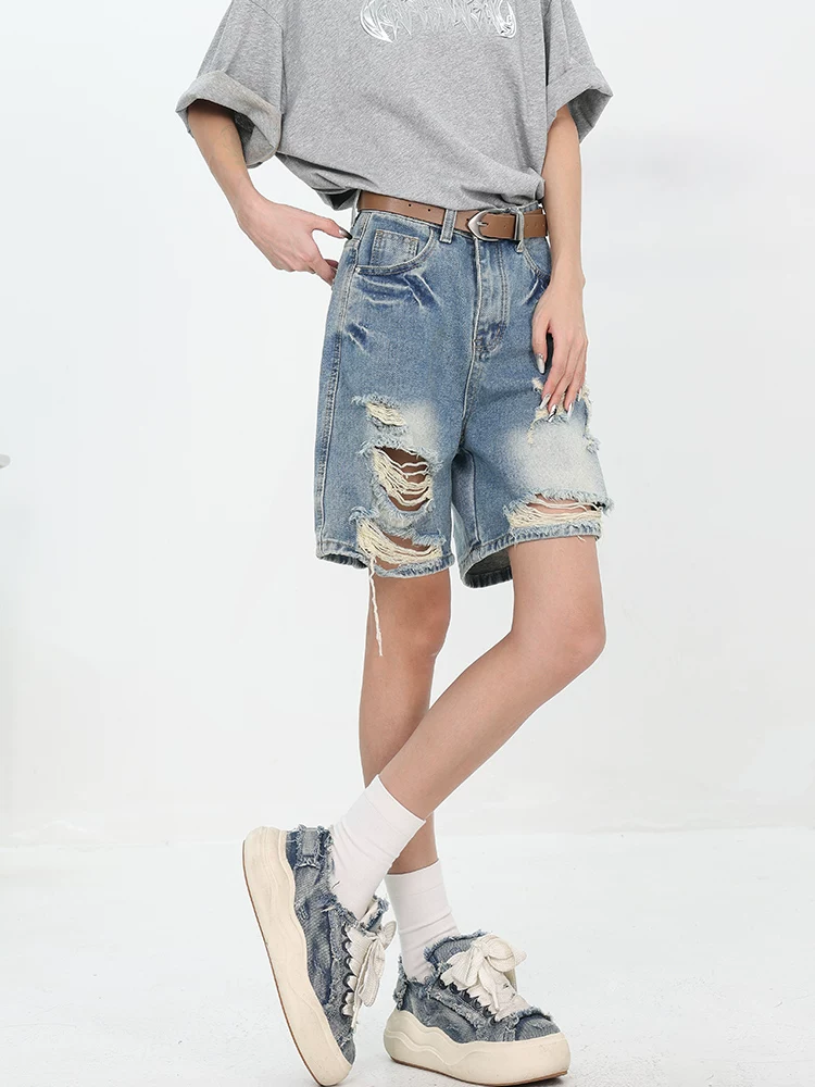 KEN STUDIO phong cách mới mùa hè của cô gái nóng bỏng kiểu Mỹ quần short denim rách theo phong cách retro quần ống rộng dáng rộng