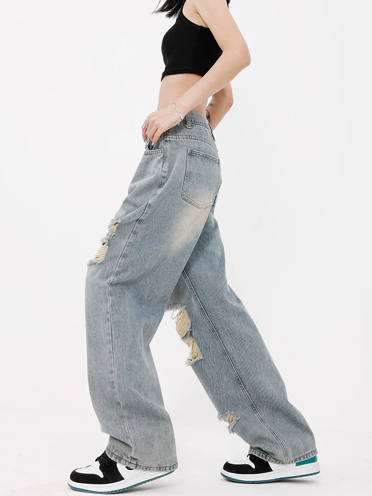 KEN STUDIO quần jean rách phối màu cho nữ, quần ống rộng dáng rộng dài đến sàn mùa xuân hè mới
